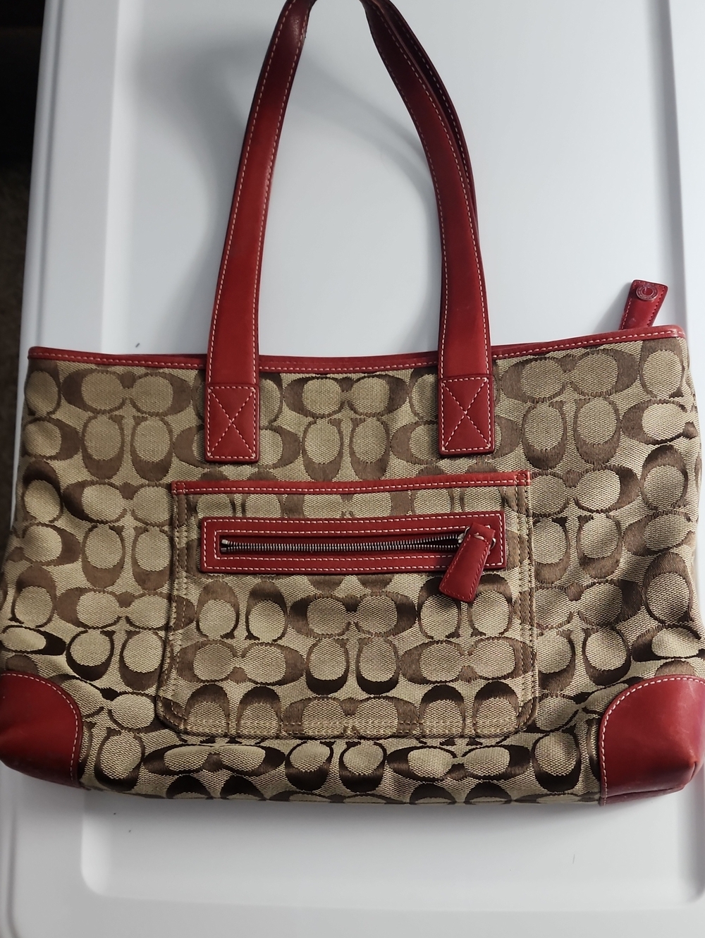 Coach Tan Signature Canvas Tote with Red Leather Trim